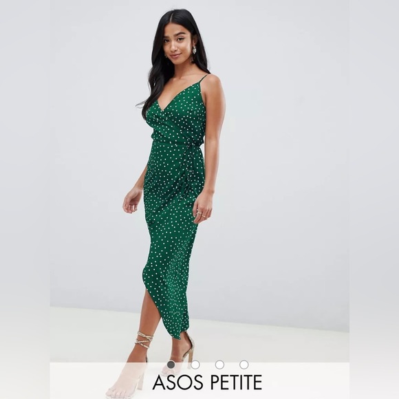 ASOS Polka Dot Cami Wrap Dress | Dark Green | Petite - Picture 3 of 6